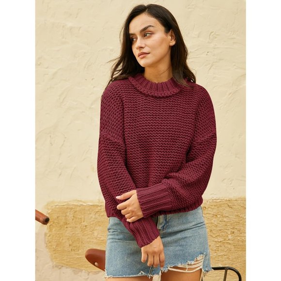 Women's Crewneck Chunky Knit Batwing Long Sleeve Loose Pullover Sweaters Tops - Picture 3 of 6